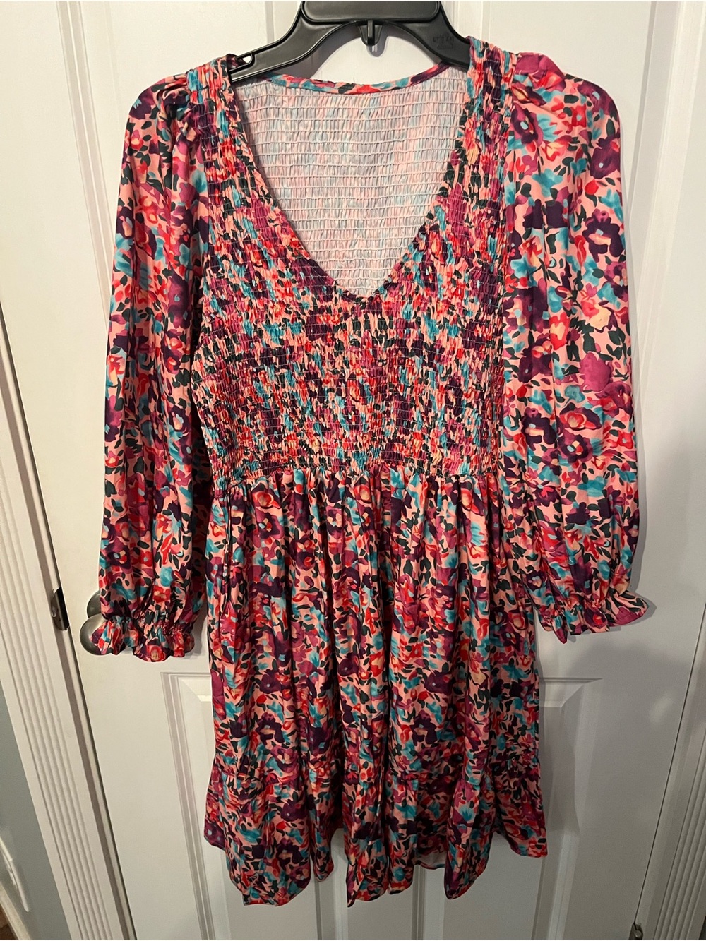 Floral Smocked V-Neck Mini Dress in Pink Mix